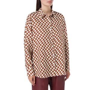 Kitri Mariana Wavy Checker Linen Blend Button-Up Shirt Brown White Womens Large